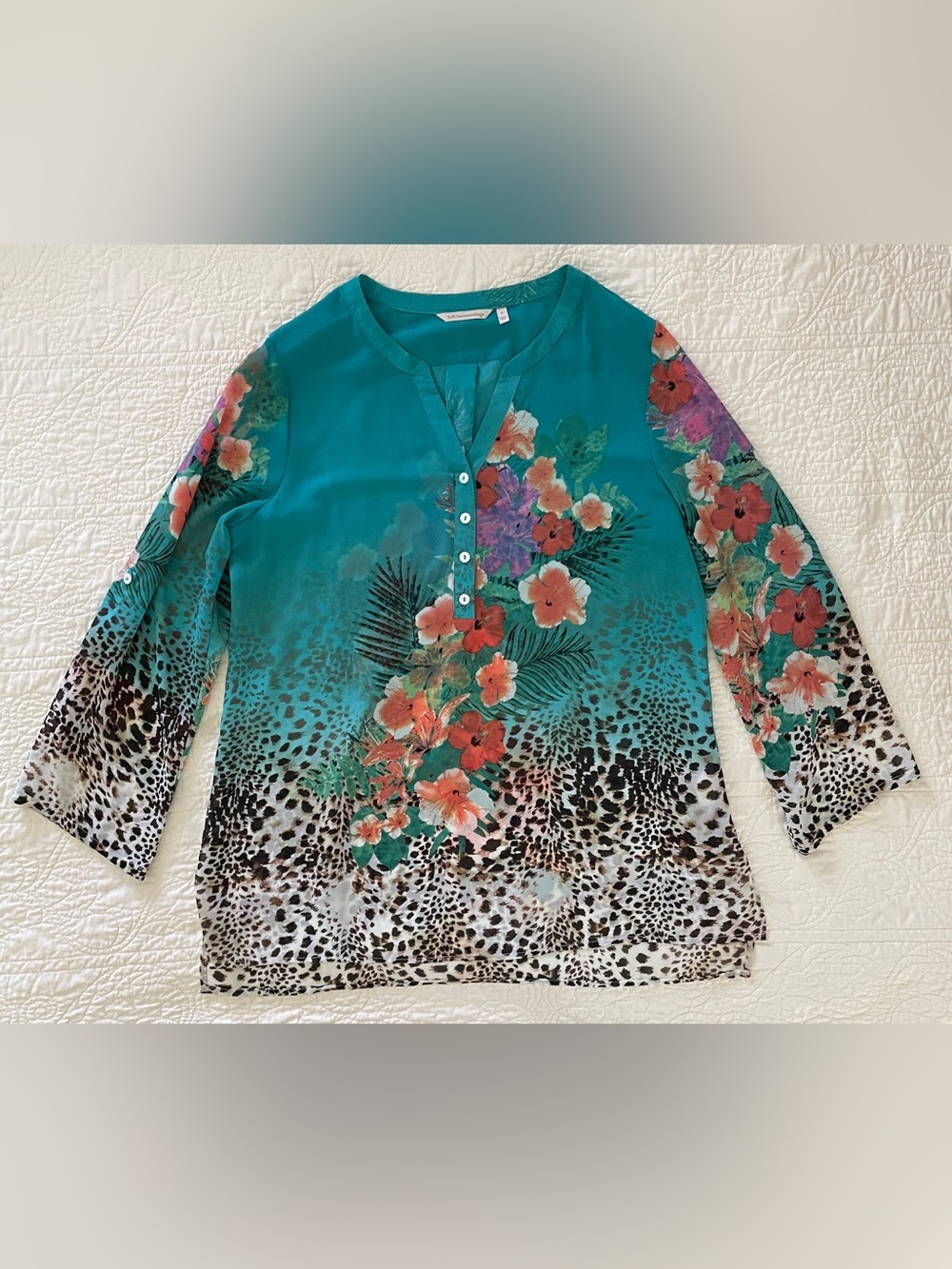 Soft Surroundings Teal Tropical Floral Cheetah Print Sheer Tunic Top Blouse Sz L - Picture 4 of 15